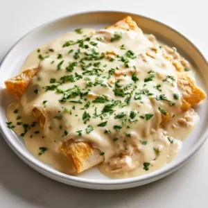 Plate of white chicken enchiladas topped with sauce and cheese
