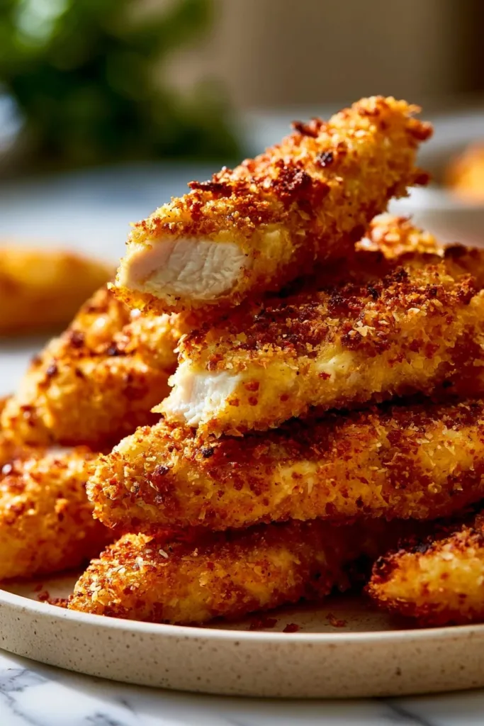 Baked chicken tenders served with dipping sauce on a plate