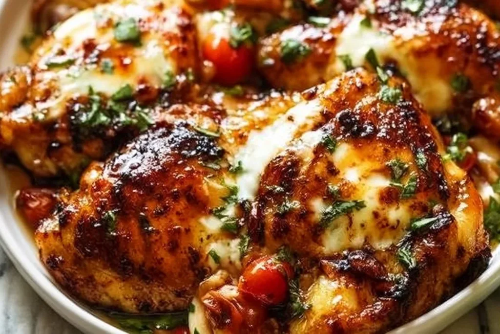Balsamic Chicken Skillet with vegetables served in a pan