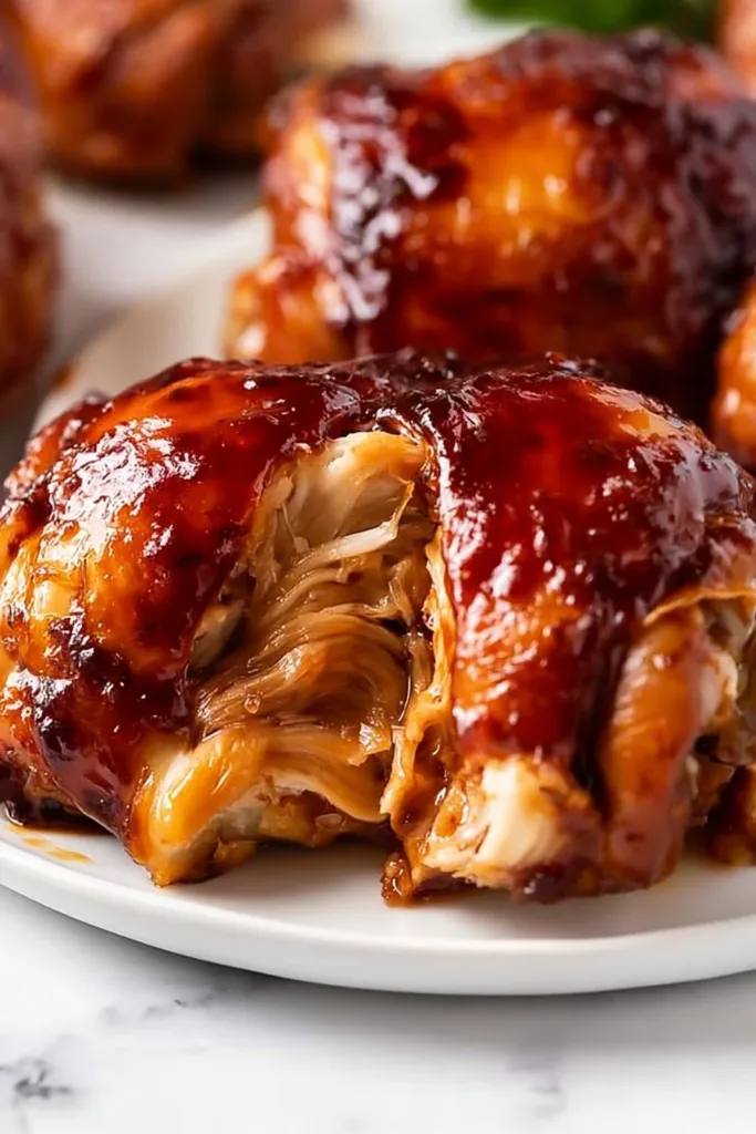 Slow cooker BBQ chicken thighs garnished and served on a platter