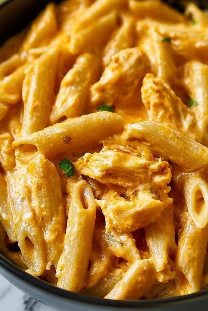 Delicious Buffalo Chicken Alfredo pasta topped with parsley and cheese