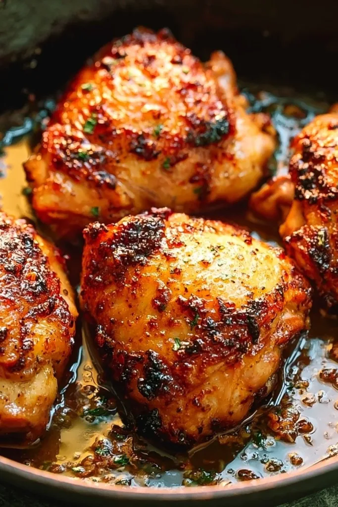 Buttery garlic chicken thighs served on a plate with herbs and spices
