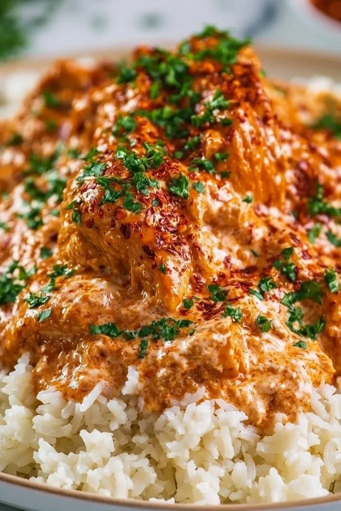 Cajun Butter Chicken cooked in a crockpot, showcasing spices and tender meat.