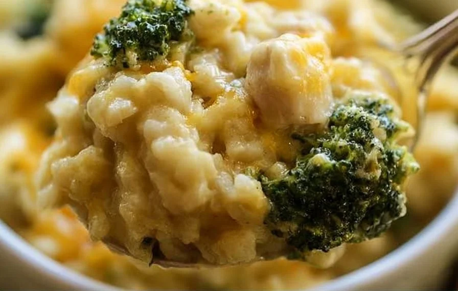 Cheesy Chicken Broccoli Rice dish ready to serve