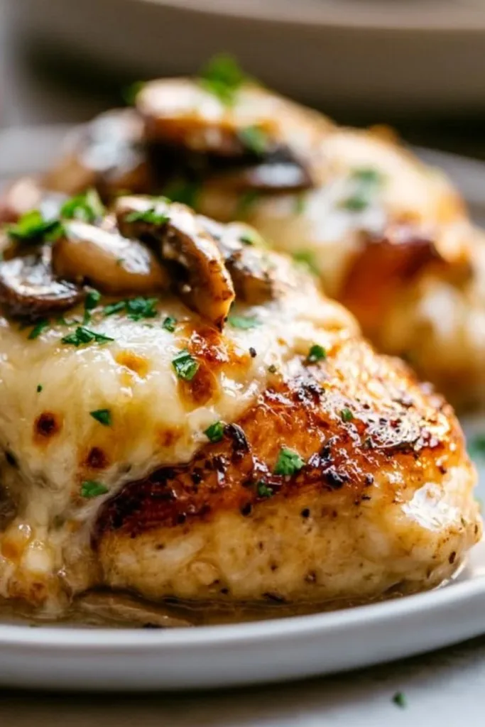 Cheesy garlic butter mushroom stuffed chicken served on a plate.