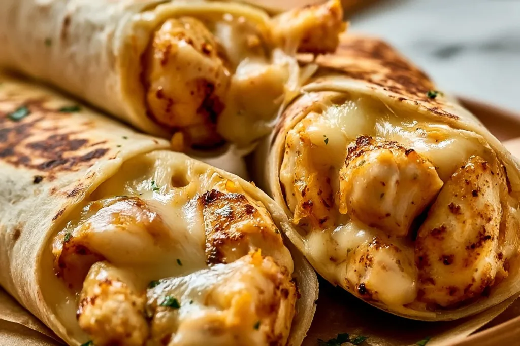 Cheesy garlic chicken wraps with fresh ingredients on a plate