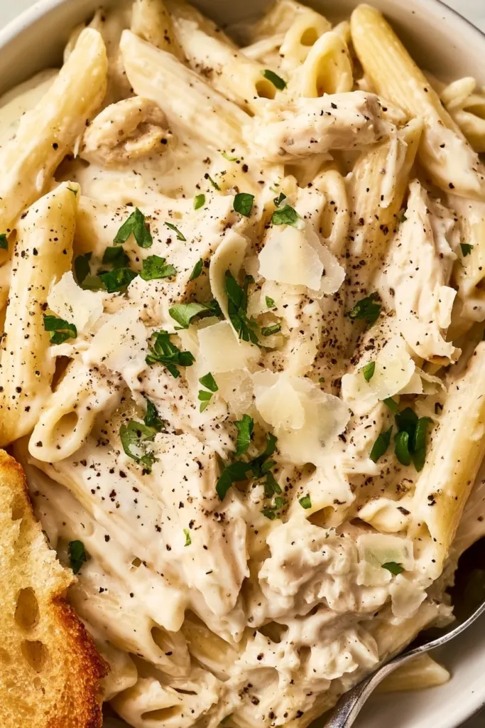 Creamy Chicken Alfredo dish made in a slow cooker, garnished with parsley.