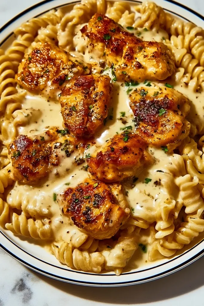 Delicious chicken noodles served in a bowl with fresh vegetables and herbs