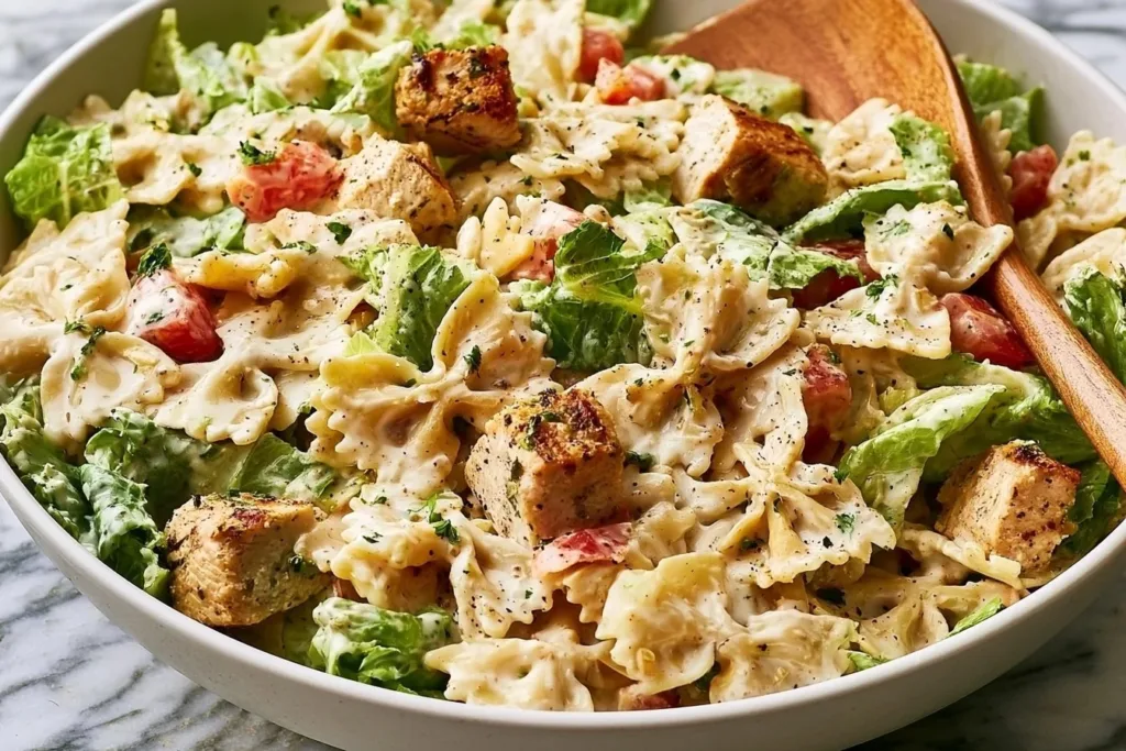 Delicious Chicken Caesar Pasta Salad served in a bowl with fresh ingredients.