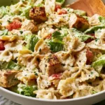 Delicious Chicken Caesar Pasta Salad served in a bowl with fresh ingredients.
