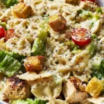 Bowl of Chicken Caesar Pasta Salad topped with croutons and parmesan cheese