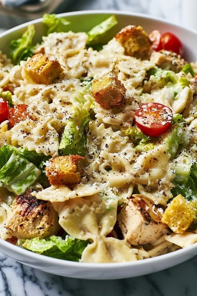 Bowl of Chicken Caesar Pasta Salad topped with croutons and parmesan cheese