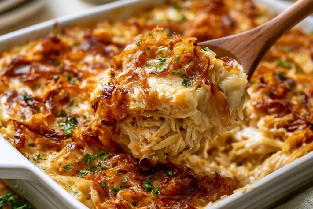 Delicious Chicken Casserole with French Onion and Orzo served in a dish.