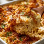 Delicious Chicken Casserole with French Onion and Orzo served in a dish.