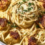 Delicious Chicken Fettuccine Alfredo with creamy sauce and garnished with parsley