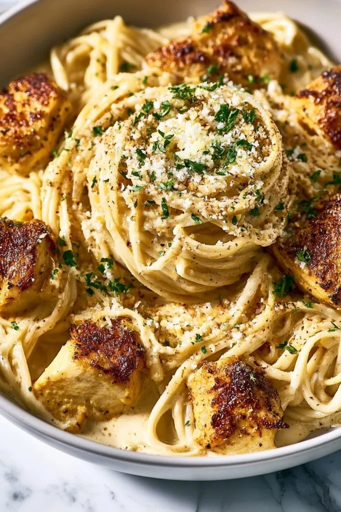 Delicious Chicken Fettuccine Alfredo with creamy sauce and garnished with parsley