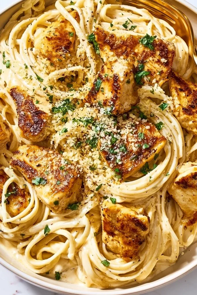 Creamy Chicken Fettuccine Alfredo served in a bowl with parsley garnish