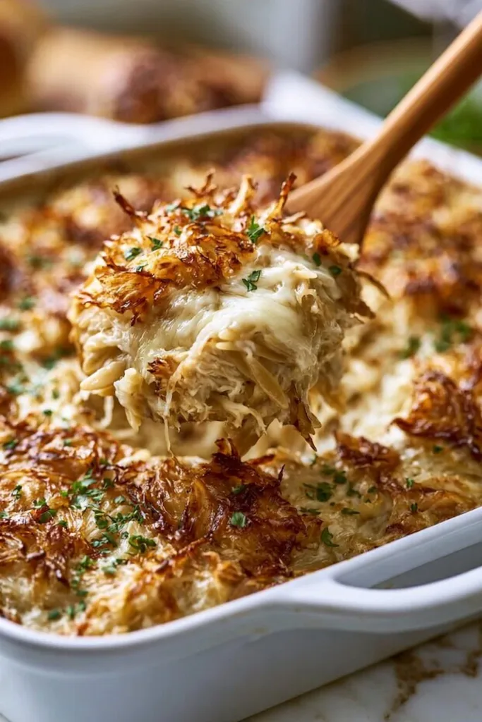 Delicious Chicken French Onion Orzo Casserole topped with cheese and herbs.