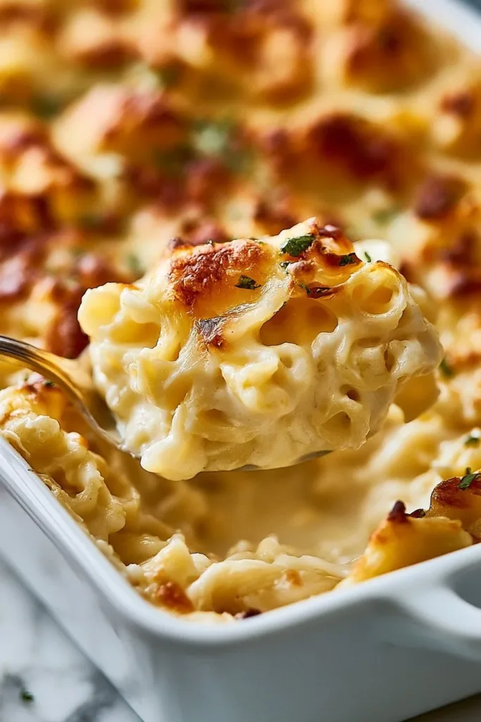 Delicious Chicken Noodle Casserole topped with breadcrumbs and herbs