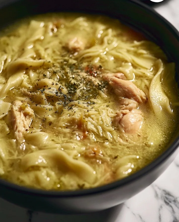 Bowl of homemade chicken noodle soup with fresh ingredients.