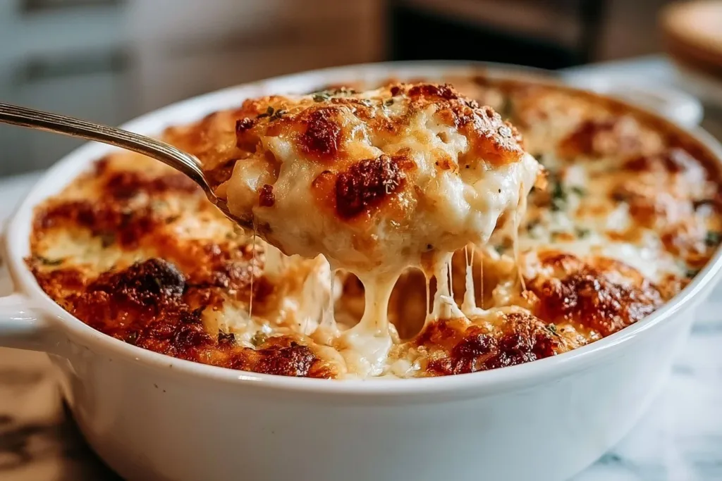 High protein Chicken Parmesan Casserole served in a dish
