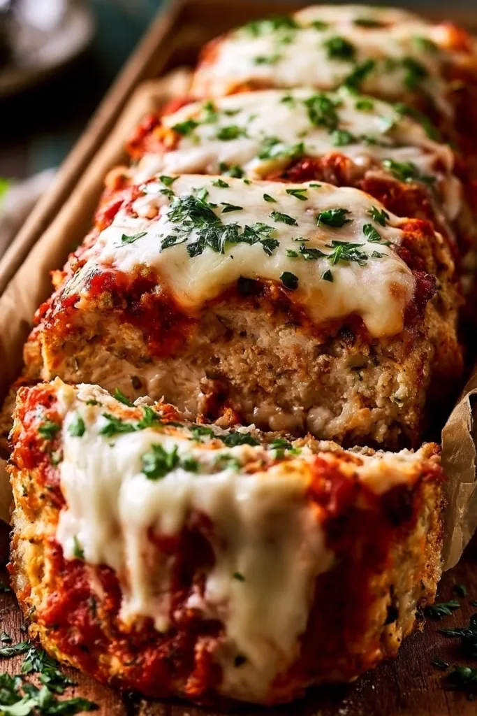 Delicious Chicken Parmesan Meatloaf on a plate with marinara sauce and cheese