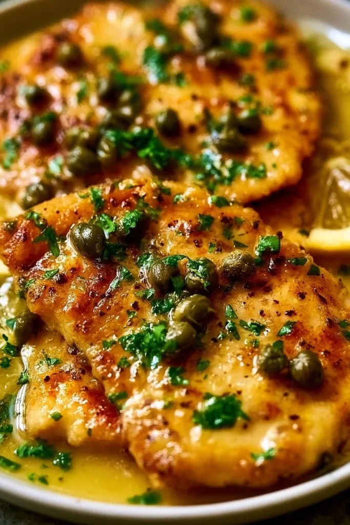 Plate of Chicken Piccata garnished with lemon and parsley