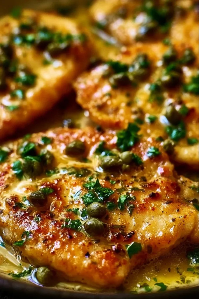 Delicious Chicken Piccata served with lemon and capers on a plate