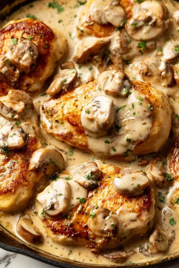 Chicken recipe with garlic and mushrooms served on a plate