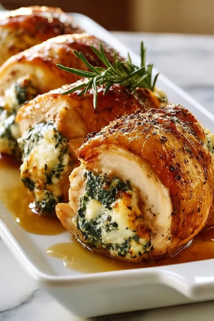 Delicious chicken rolls stuffed with herbed ricotta ready to serve.