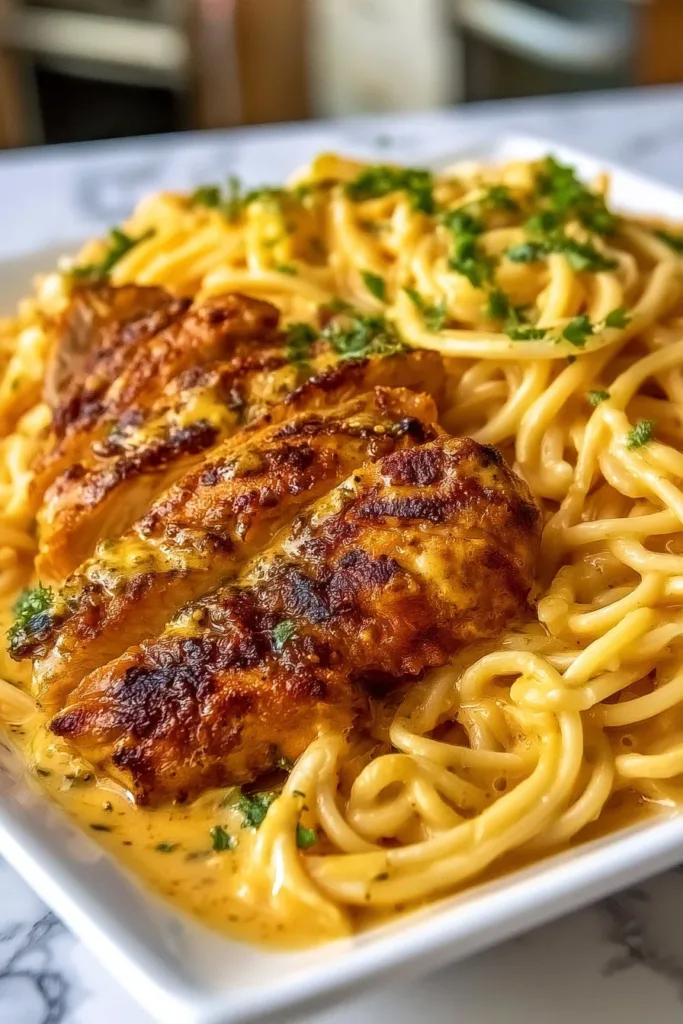 Delicious Chicken Spaghetti topped with rich Three Cheese Cream Sauce.