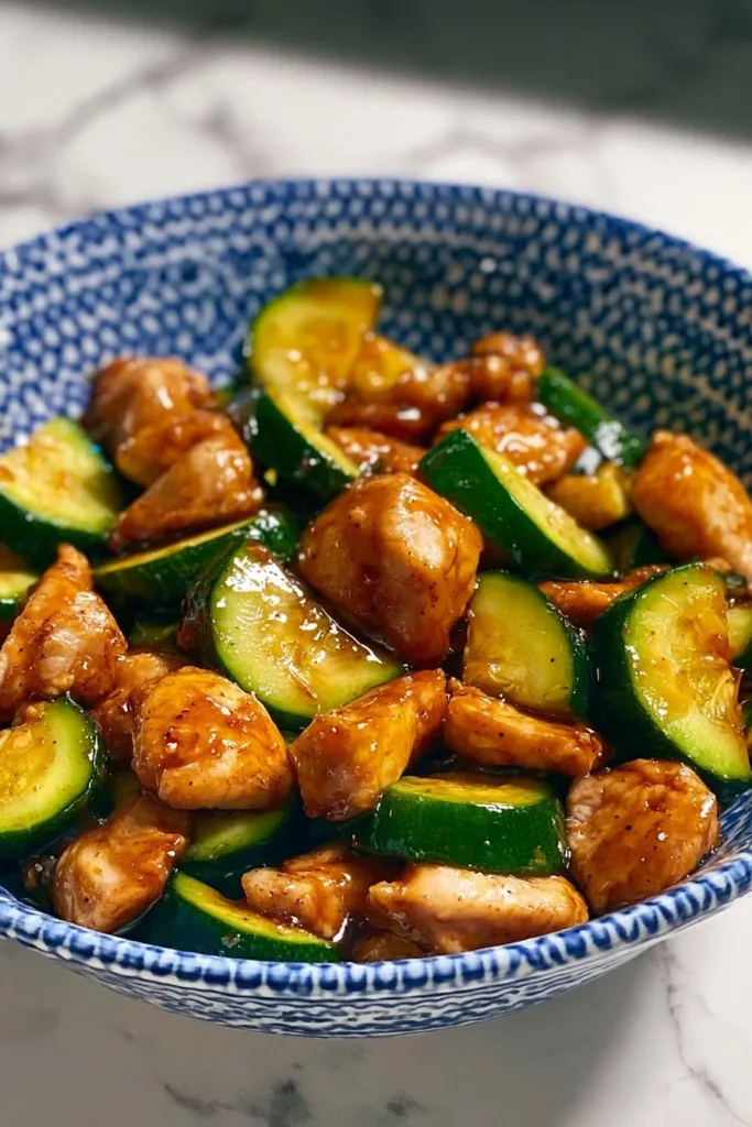 Chicken stir fry with zucchini and colorful vegetables in a skillet
