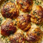 Chicken thighs cooked in creamy garlic sauce on a plate
