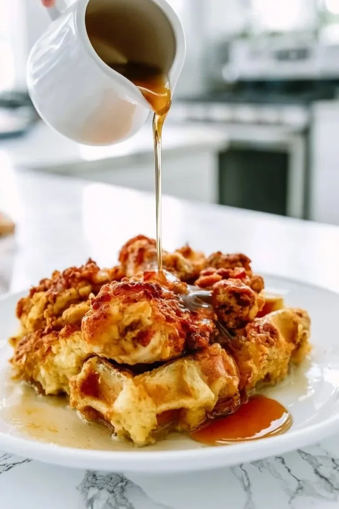 Delicious Chicken Waffle Casserole topped with syrup and herbs