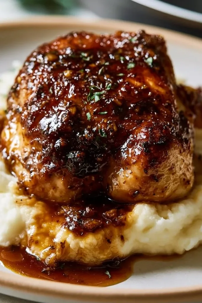 Delicious chicken with garlic and herbs served on a plate.