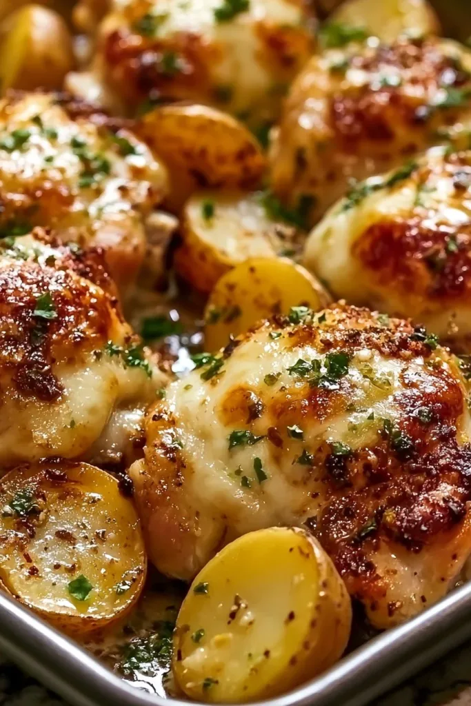 Delicious Chicken served with Garlic Parsley Potatoes on a plate