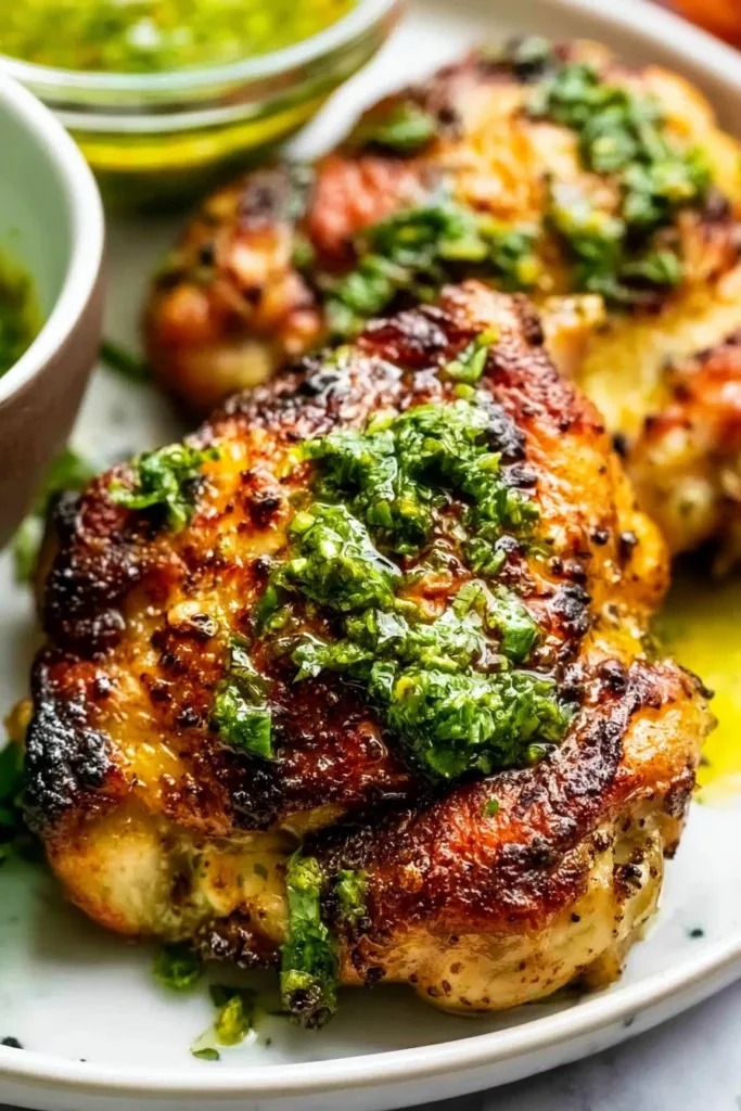 Grilled chimichurri chicken thighs served with fresh herbs.