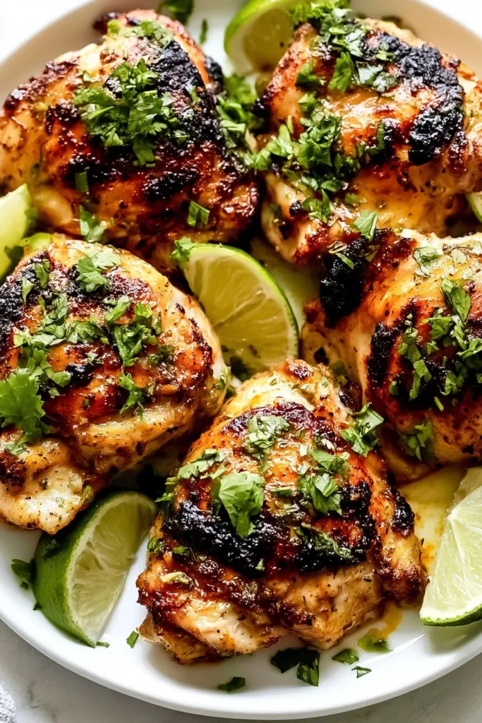 Crispy chicken thighs garnished with cilantro and lime
