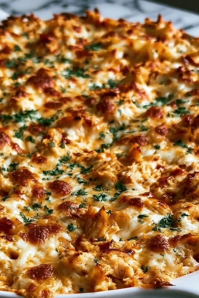 Delicious creamy BBQ Ranch Chicken Casserole served in a baking dish