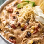 Creamy chicken chili in a crockpot ready to serve
