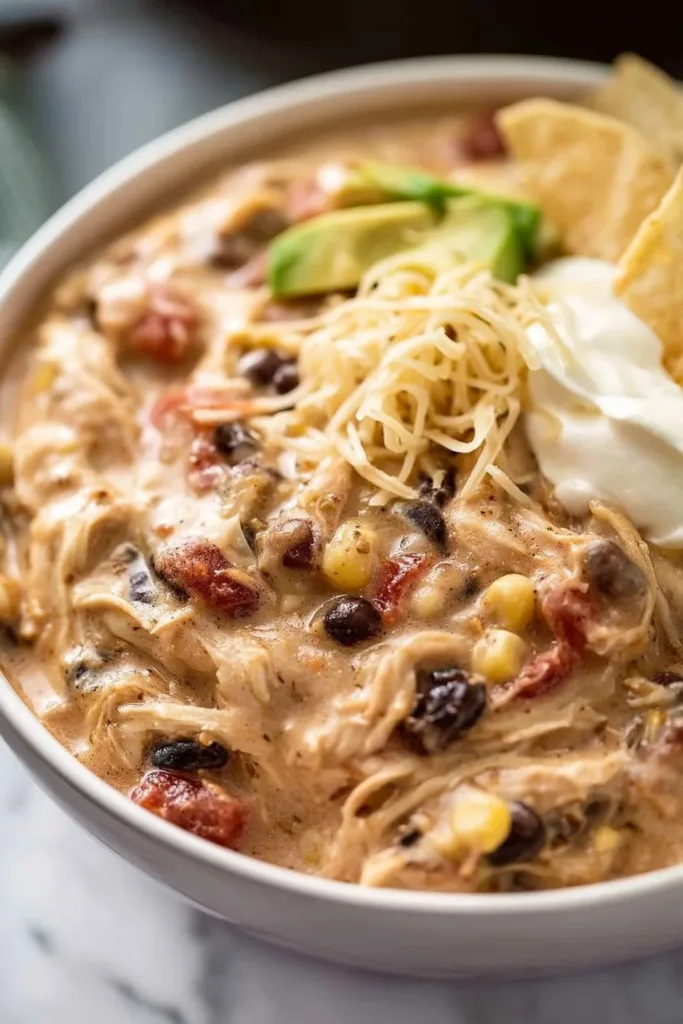 Creamy chicken chili in a crockpot ready to serve