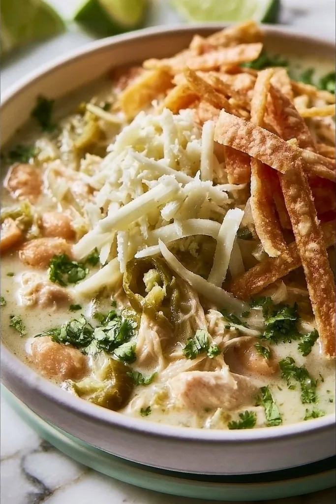 Bowl of creamy chicken chili garnished with cilantro and jalapeños.