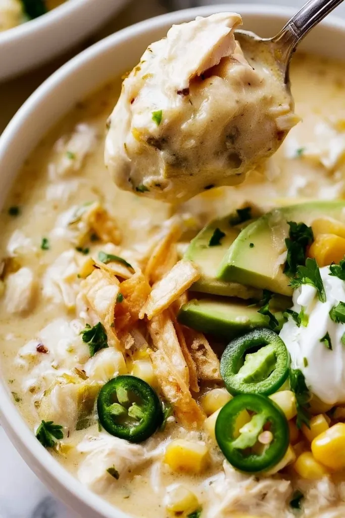 Delicious creamy chicken chili in a bowl with toppings