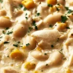 Bowl of creamy chicken chili with white beans, garnished with cilantro