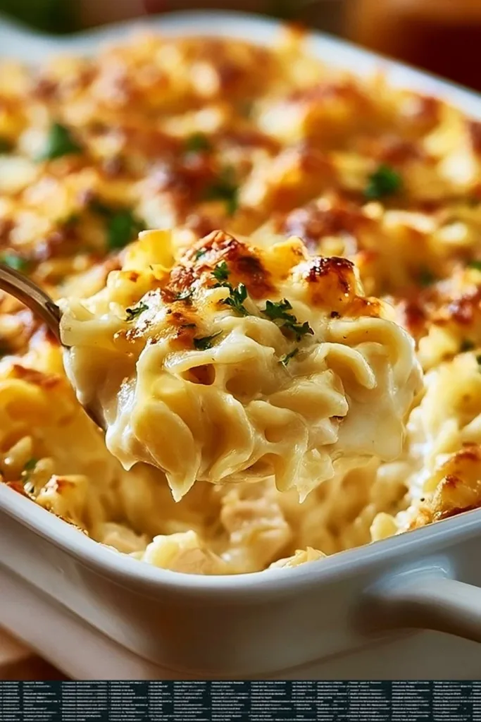 Creamy chicken noodle casserole served in a baking dish with fresh herbs on top
