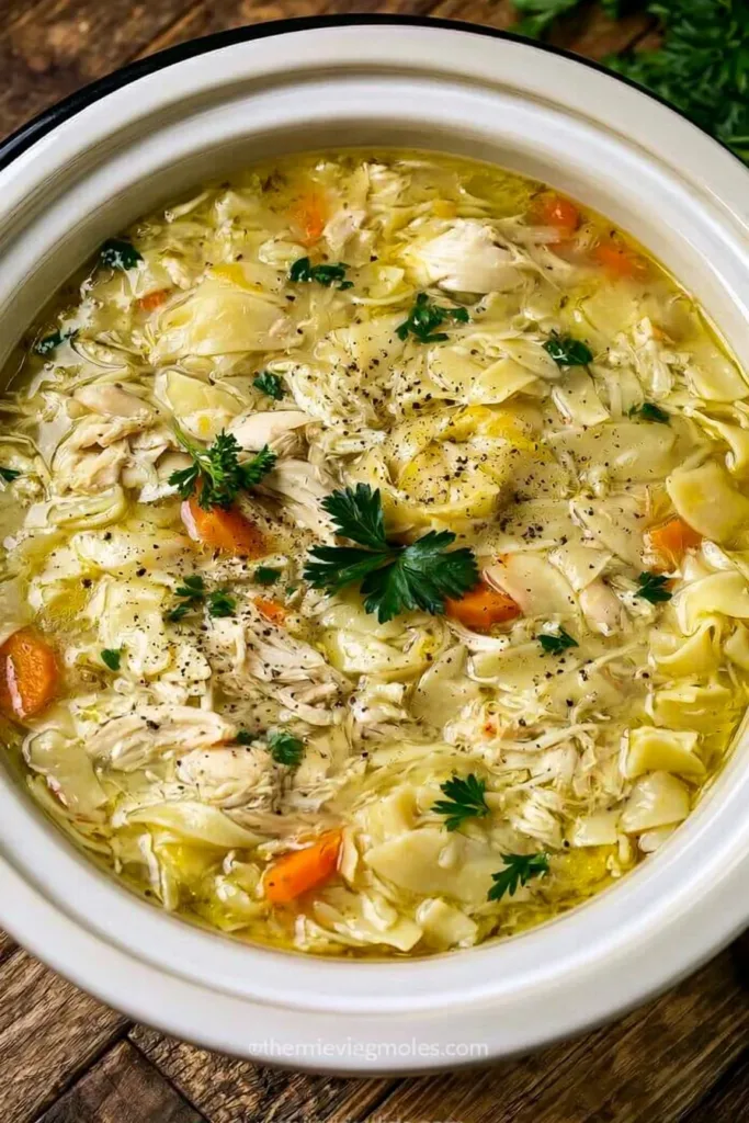 Creamy chicken noodle soup served in a bowl with fresh herbs