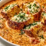 Bowl of creamy chicken parmesan soup garnished with parsley and cheese