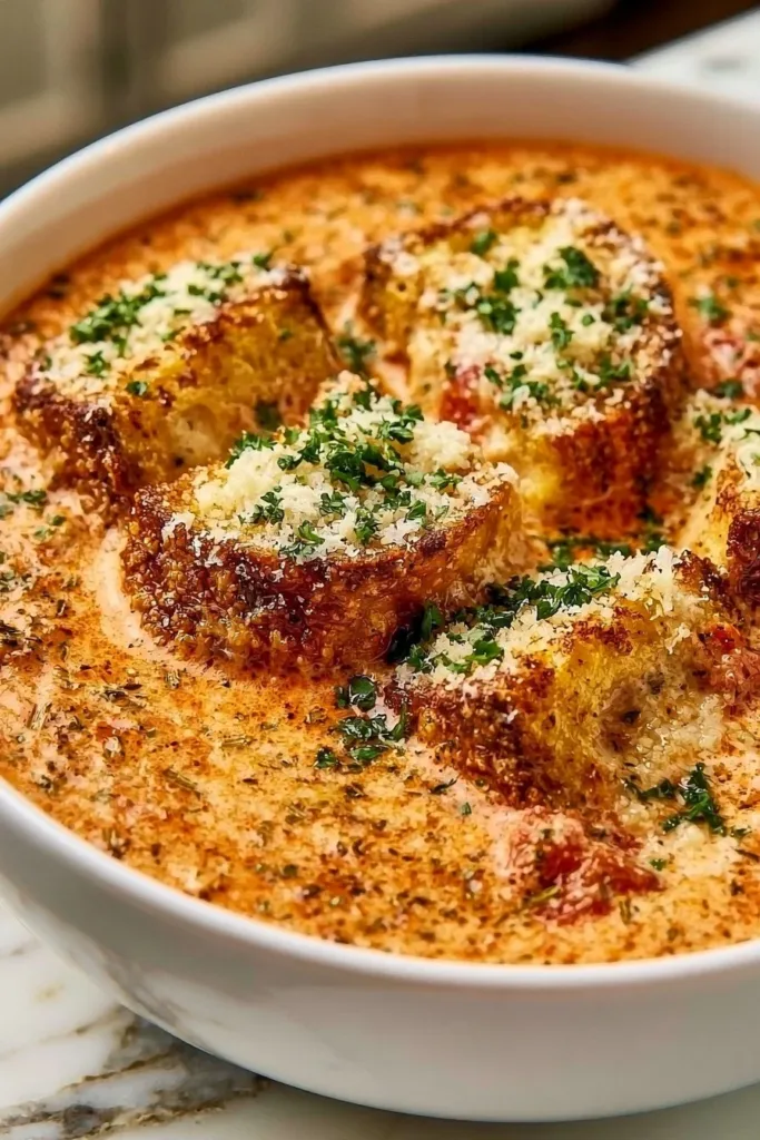 Bowl of creamy chicken parmesan soup garnished with parsley and cheese