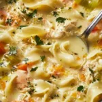 Creamy chicken soup in a bowl, garnished with herbs and vegetables.