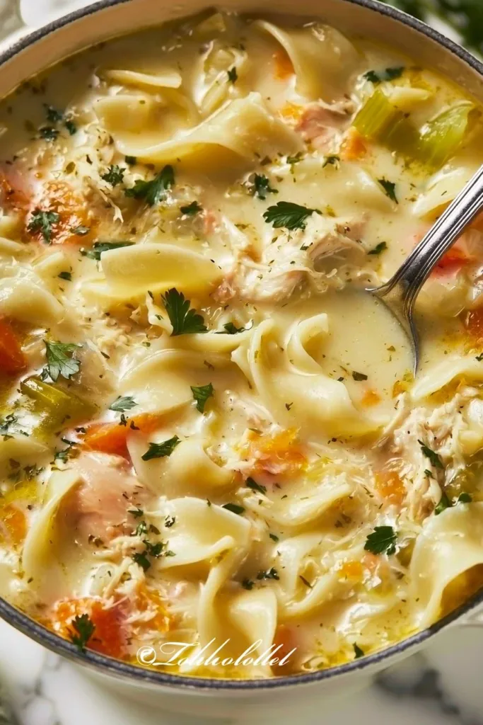 Creamy chicken soup in a bowl, garnished with herbs and vegetables.